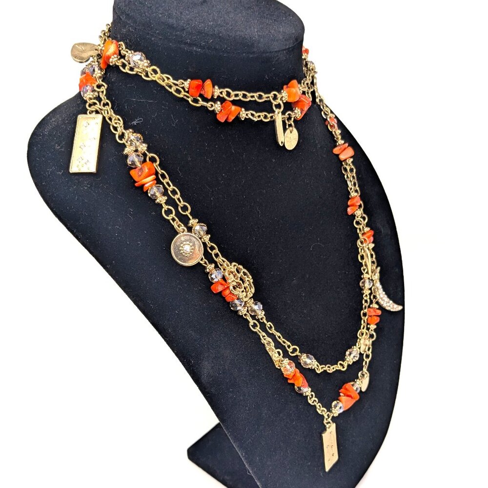 Vintage Coral Charm Necklace Gold tone Crystals Lucite beads Whimsical Celestial